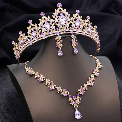 Opal Blue Princess Bridal Jewelry Set – Tiara Crown Necklace Earrings