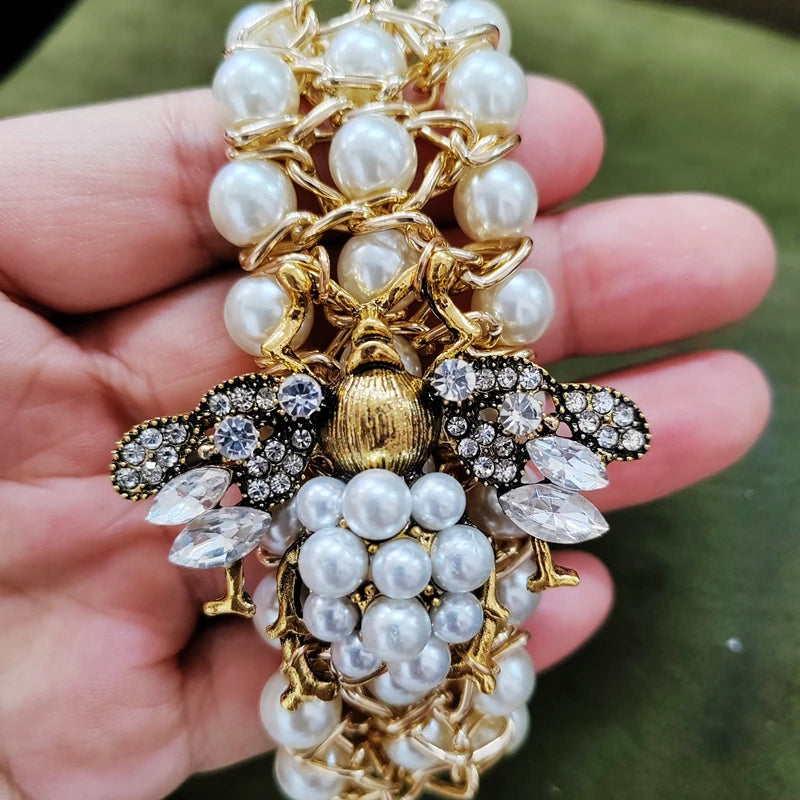 Luxury Handmade Elastic Pearl Bee Bracelet Bangle Jewelry For Women Party Gift
