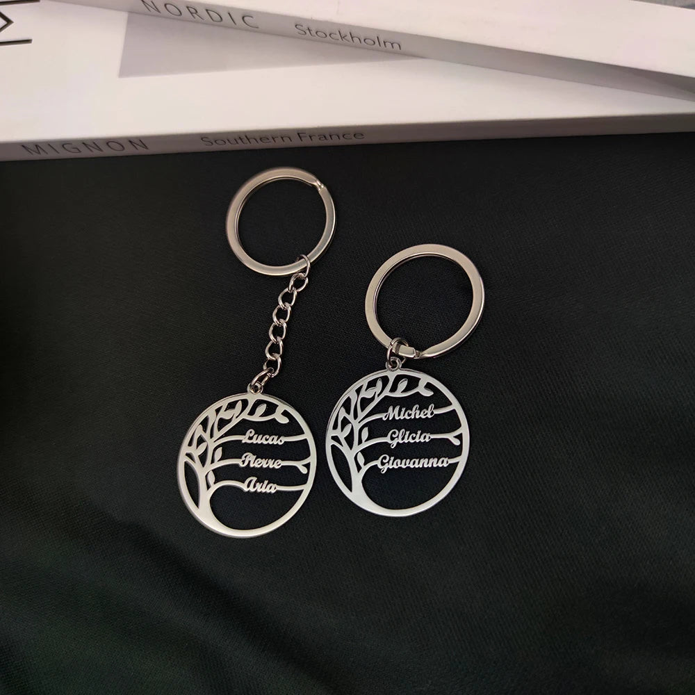 Tree of Life Keychain Customized Family Member Name Round Stainless Steel Keyring