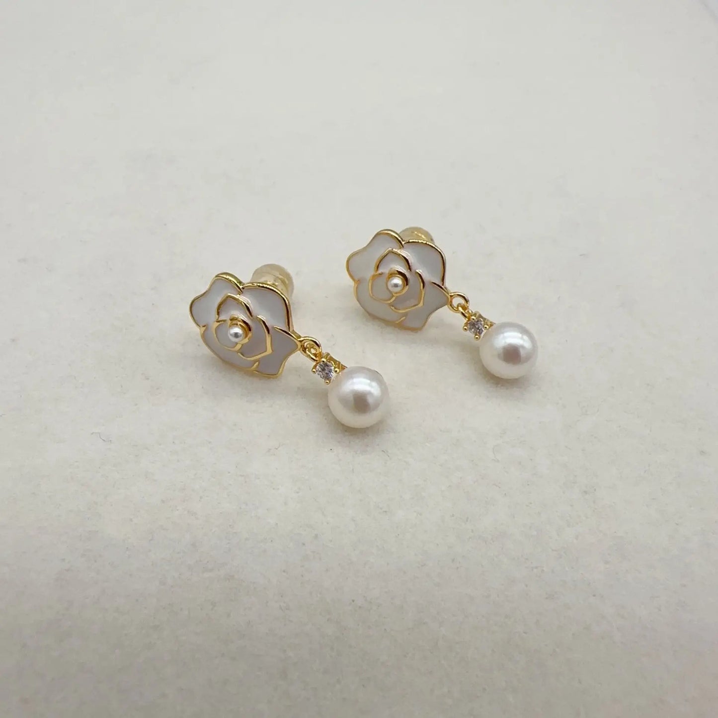 14K Gold Filled Camellia Pearl Stud Earrings for Women