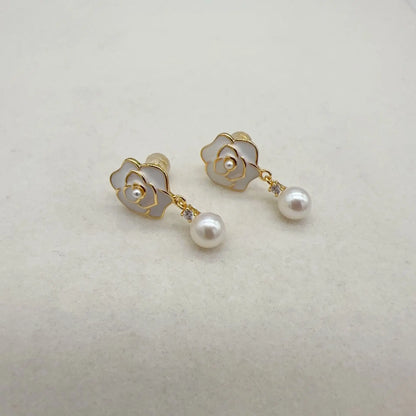 14K Gold Filled Camellia Pearl Stud Earrings for Women