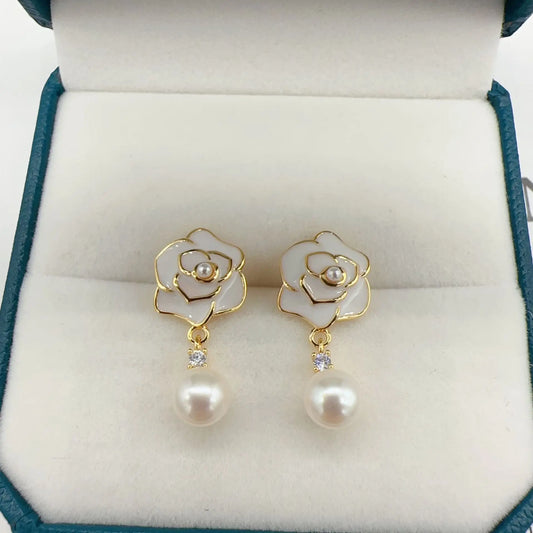 14K Gold Filled Camellia Pearl Stud Earrings for Women