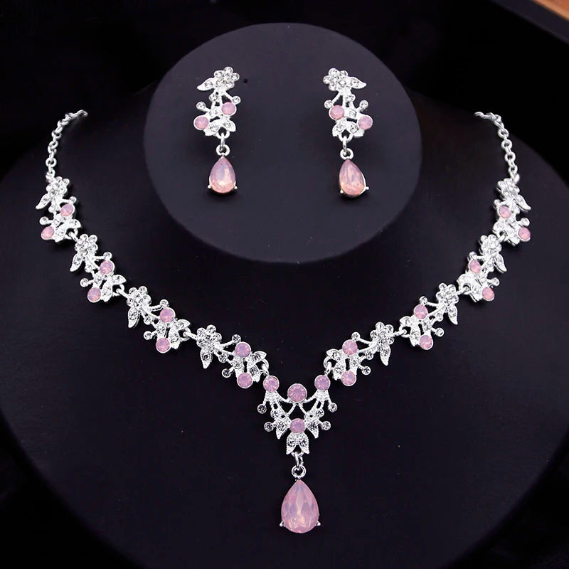 Blue Crown Bridal Jewelry Sets for Women Opal tiara Necklace Earrings Sets