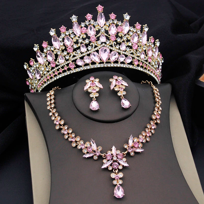 Purple Crystal Tiaras and Necklace Earrings Crown Bridal Sets Jewelry