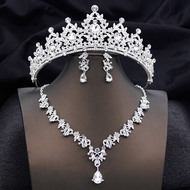Opal Blue Princess Bridal Jewelry Set – Tiara Crown Necklace Earrings