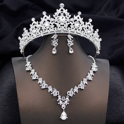 Opal Blue Princess Bridal Jewelry Set – Tiara Crown Necklace Earrings