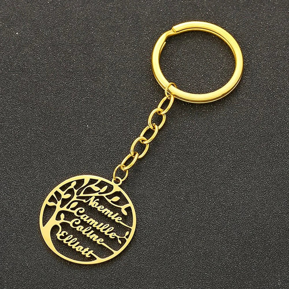 Tree of Life Keychain Customized Family Member Name Round Stainless Steel Keyring