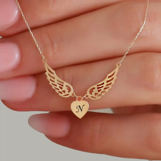 Custom Engraved Letters Angel Wings Heart Pendant Necklace For Women
