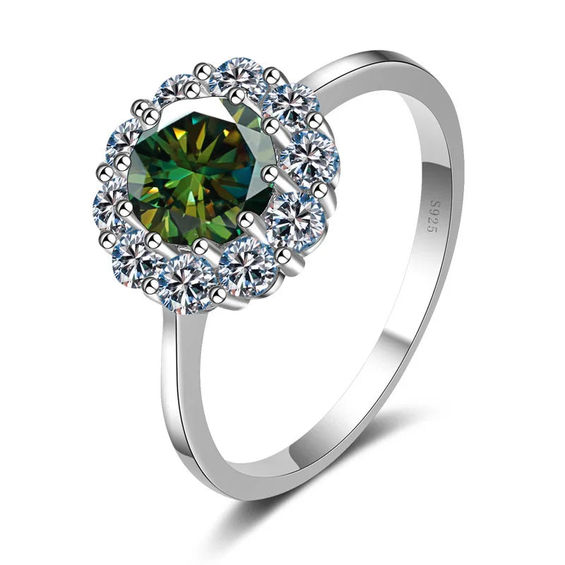 Round Cut Flower Shape 1CT Blue Green Moissanite Ring S925 Silver