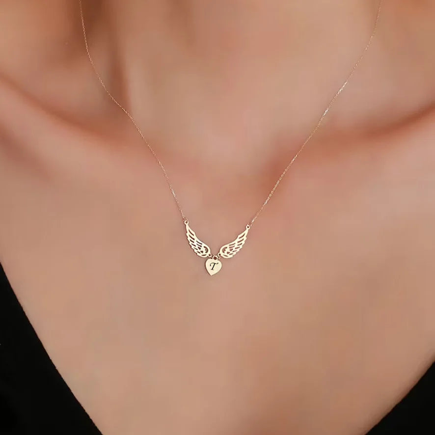 Custom Engraved Letters Angel Wings Heart Pendant Necklace For Women