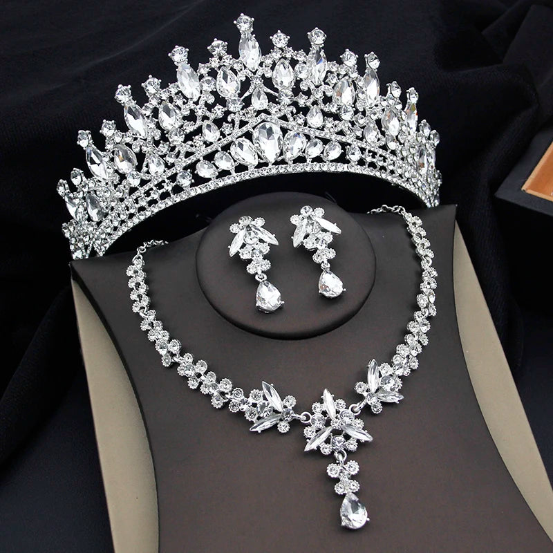 Purple Crystal Tiaras and Necklace Earrings Crown Bridal Sets Jewelry