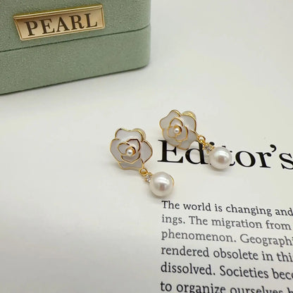 14K Gold Filled Camellia Pearl Stud Earrings for Women