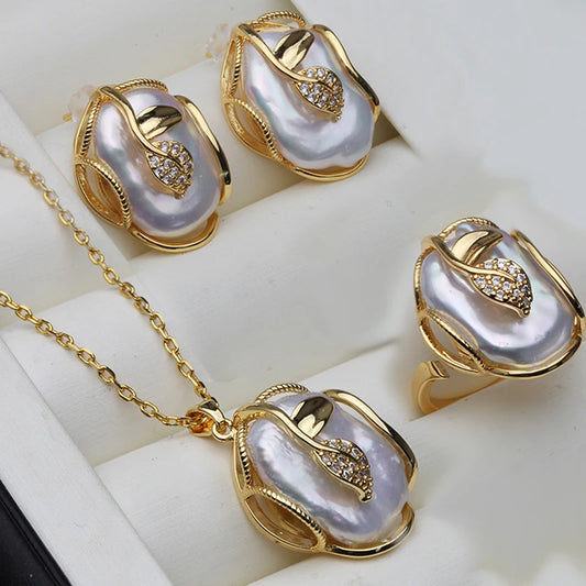 Natural Baroque Pearl Jewelry Set – Gold Plated Necklace Earrings Ring for Women