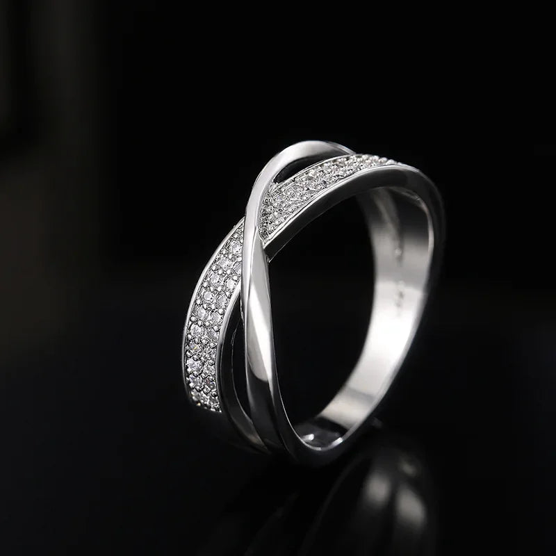 Classic 925 Sterling Silver Two Tone X Shape Cross Zircon Ring