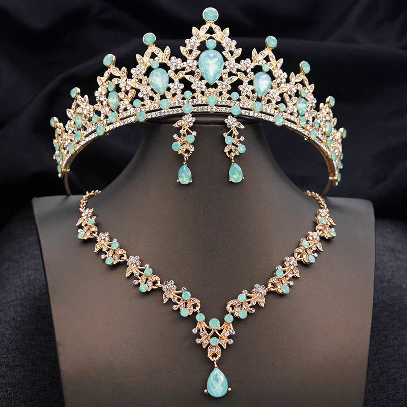 Opal Blue Princess Bridal Jewelry Set – Tiara Crown Necklace Earrings