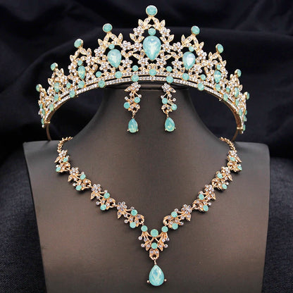 Opal Blue Princess Bridal Jewelry Set – Tiara Crown Necklace Earrings