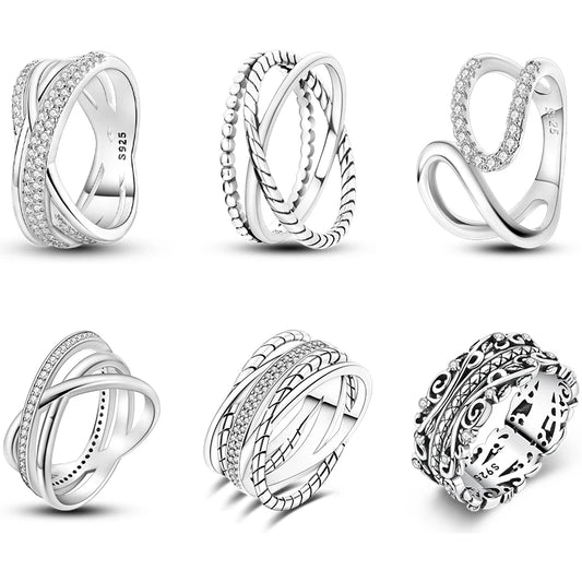 925 Sterling Silver Geometric Overlapping Zircon Rings