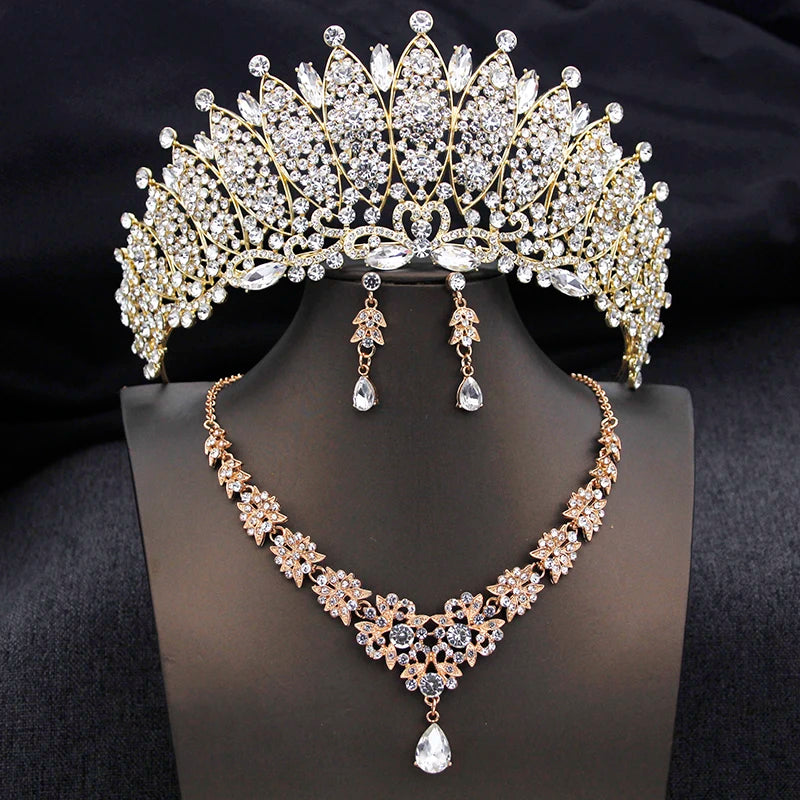 Royal Queen Champagne Tiara and Crown Bridal Jewelry Sets For Women