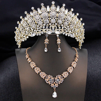 Royal Queen Champagne Tiara and Crown Bridal Jewelry Sets For Women