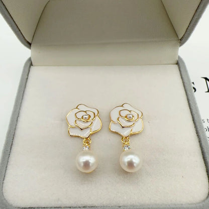 14K Gold Filled Camellia Pearl Stud Earrings for Women