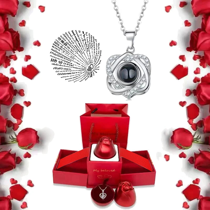 I Love You Projection S925 Necklace – 100 Languages with Rose Gift Box