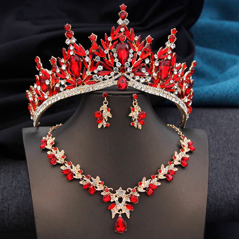 Royal Queen 3 Pcs Tiaras and necklace earrings for Bridal Jewelry Sets