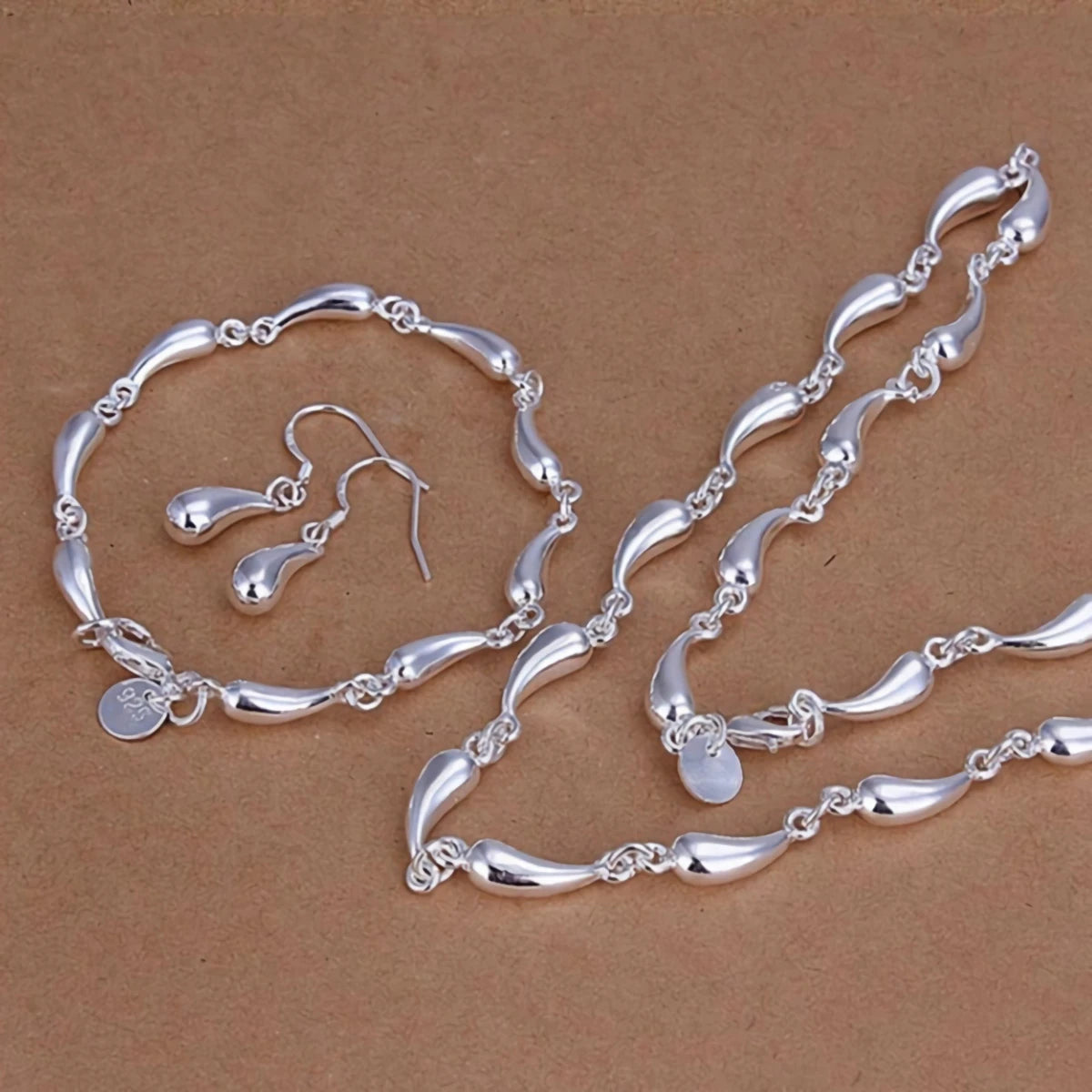 S925 Silver Water Drop Necklace Earrings Bracelet Jewelry Sets