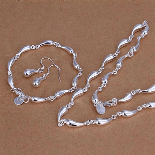 S925 Silver Water Drop Necklace Earrings Bracelet Jewelry Sets