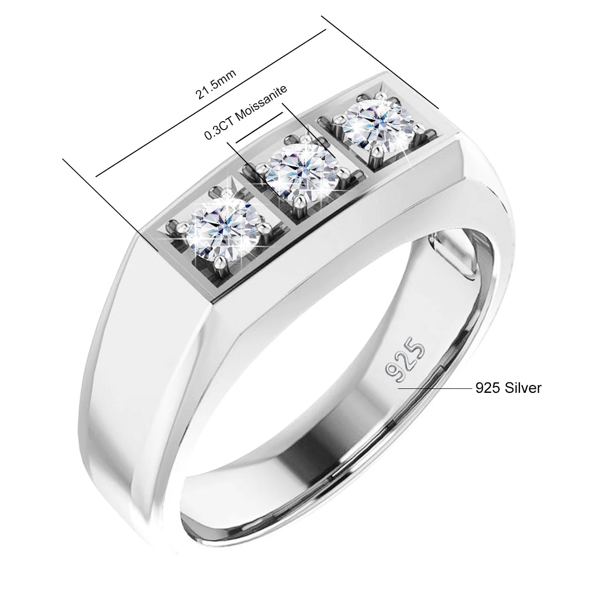 Heavy 3 Stone Moissanite Ring For Men And Women Sterling Silver 925