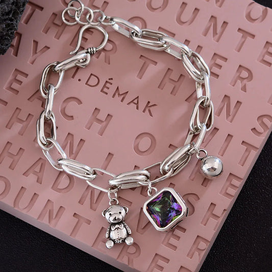 925 Sterling Silver Ladies Charm Bracelet With Sweet Little Bear Shiny Crystal Jewelry Gift