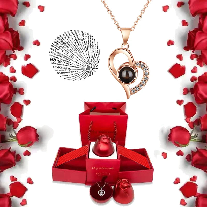 I Love You Projection S925 Necklace – 100 Languages with Rose Gift Box