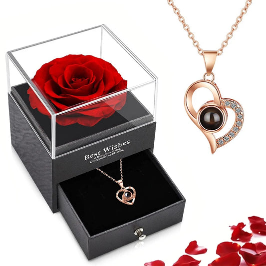 Projection S925 Silver Necklace Set with Rose Gift Box – "I Love You" in 100 Languages