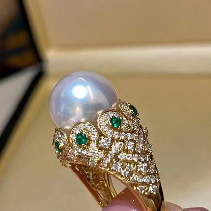 Big White Pearl Flower Ring – K Yellow Gold Women’s Cocktail Wedding Jewelry