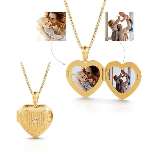 Personalized 2 photos Heart Locket Pendant Necklace with Rose Gift box