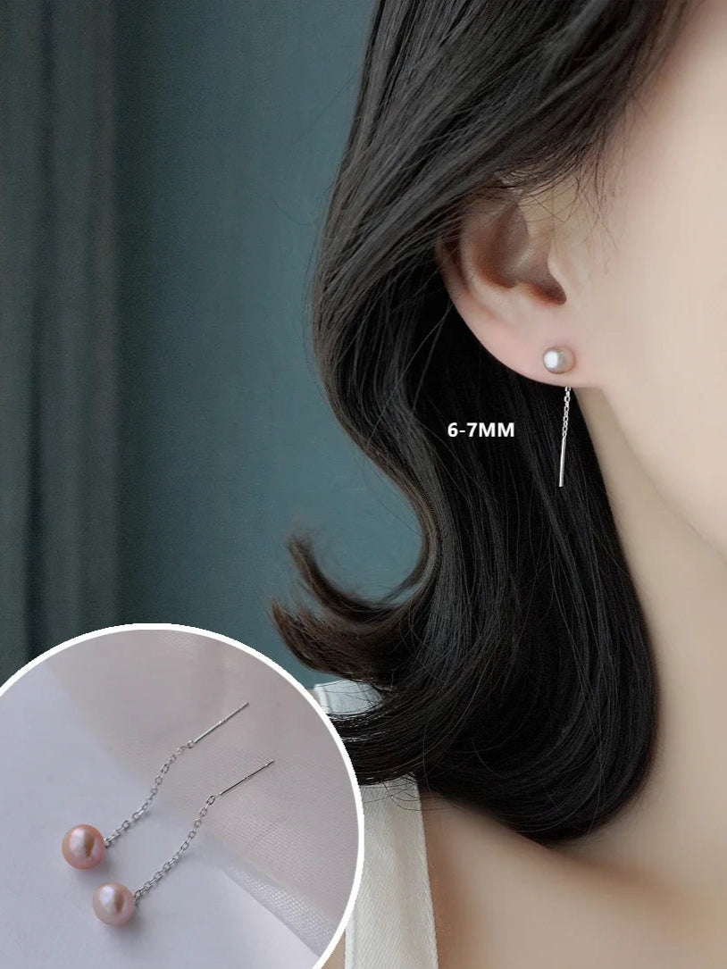 925 Sterling Silver Tassel Pearl Earrings – Elegant Korean Style for Women