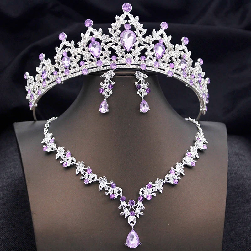 Opal Blue Princess Bridal Jewelry Set – Tiara Crown Necklace Earrings