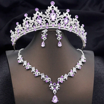 Opal Blue Princess Bridal Jewelry Set – Tiara Crown Necklace Earrings