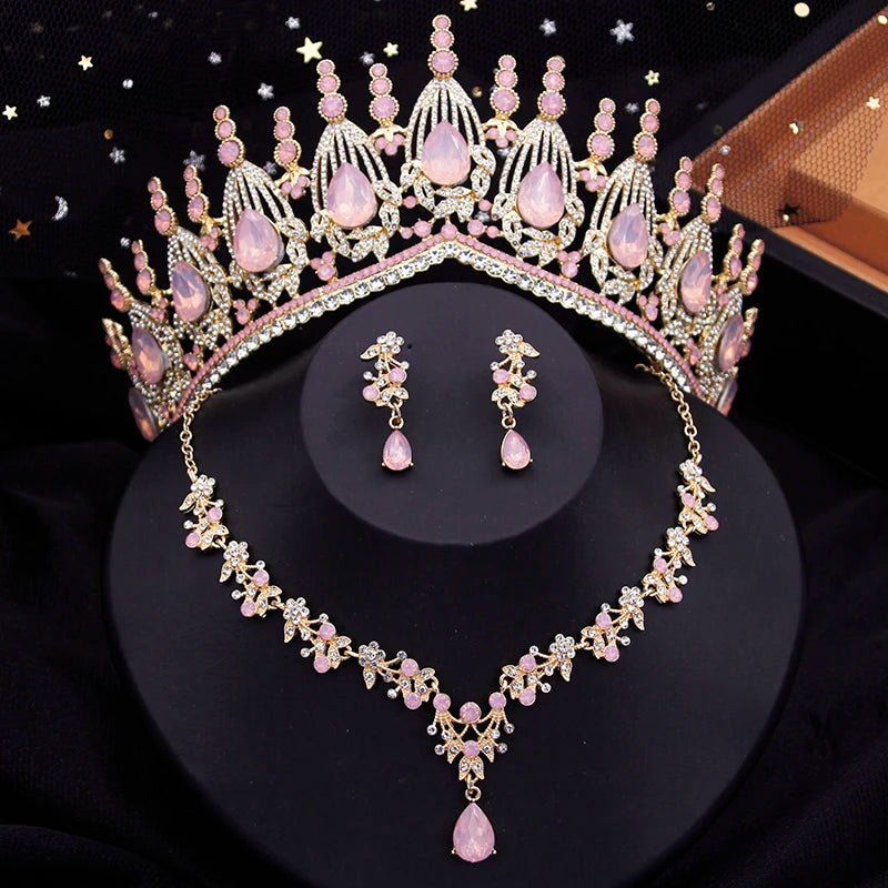 Blue Crown Bridal Jewelry Sets for Women Opal tiara Necklace Earrings Sets