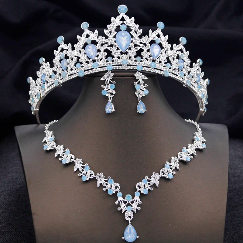 Opal Blue Princess Bridal Jewelry Set – Tiara Crown Necklace Earrings