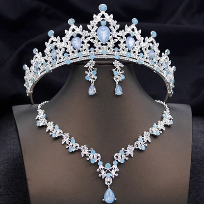 Opal Blue Princess Bridal Jewelry Set – Tiara Crown Necklace Earrings