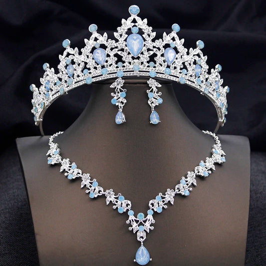 Opal Blue Princess Bridal Jewelry Set – Tiara Crown Necklace Earrings