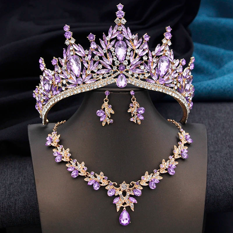 Royal Queen 3 Pcs Tiaras and necklace earrings for Bridal Jewelry Sets