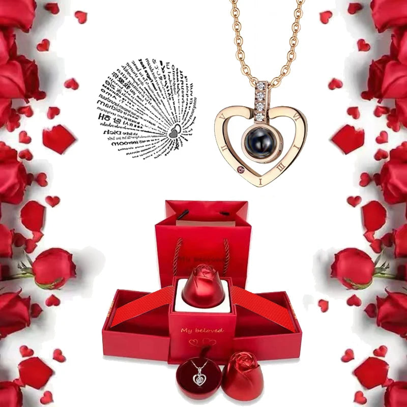 I Love You Projection S925 Necklace – 100 Languages with Rose Gift Box