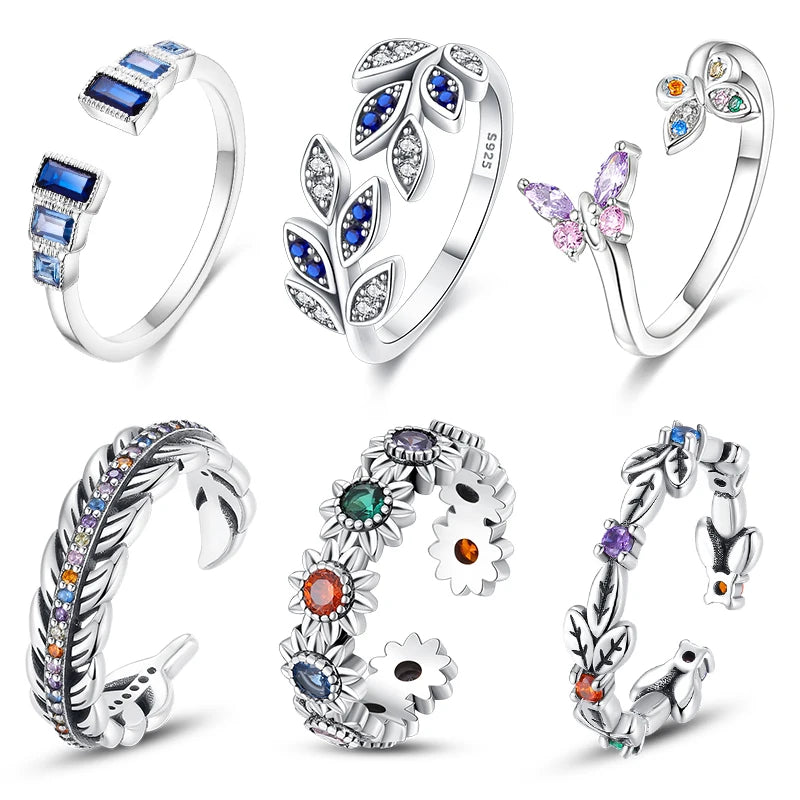 925 Silver Color with Blue Zircon Butterfly Leaf Flower Rings