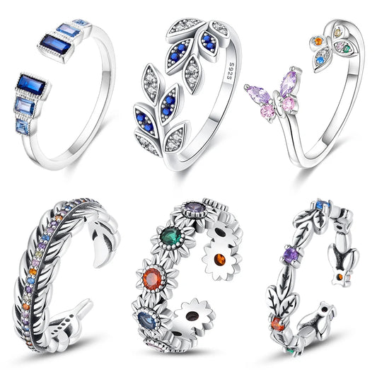 925 Silver Color with Blue Zircon Butterfly Leaf Flower Rings