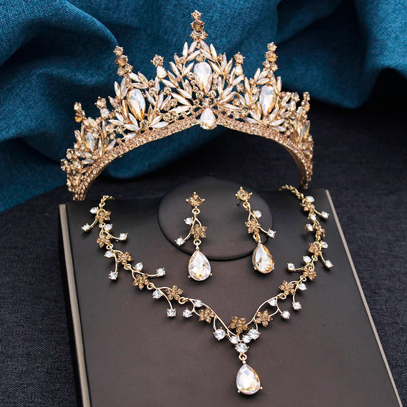 Baroque Wedding Crown for Bride 3-pack Tiara Earrings Necklace Bridal Jewelry Set