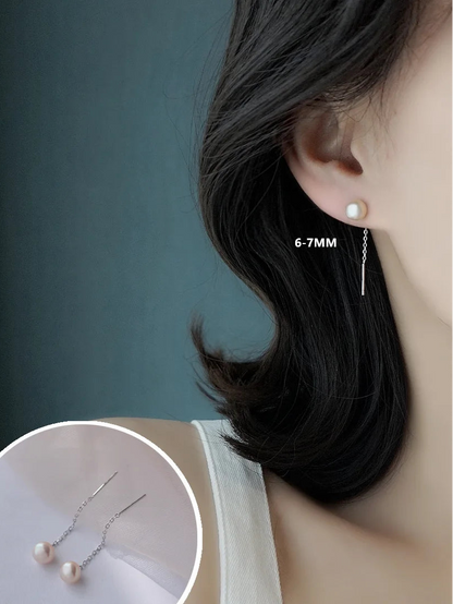 925 Sterling Silver Tassel Pearl Earrings – Elegant Korean Style for Women
