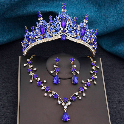 Baroque Wedding Crown for Bride 3-pack Tiara Earrings Necklace Bridal Jewelry Set