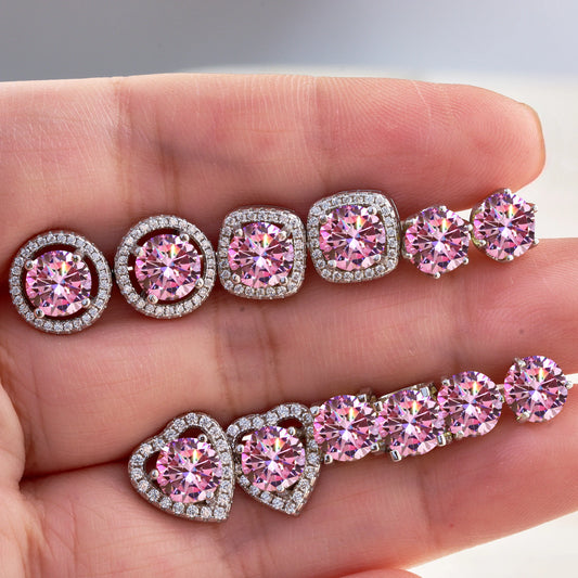 925 Silver Pink Moissanite Earrings – 1ct (6.5mm) Screw Back Gift for Her