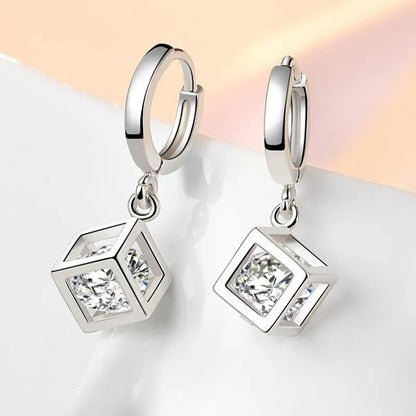 925 Sterling Silver Magic Cube Zircon Hoop Earrings